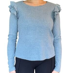 Shabby Chic Ribbed Long Sleeve Top Knit Blouse Flutter Sleeve Size Small Blue